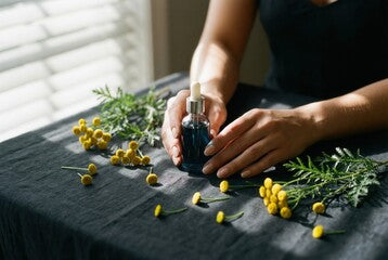 Blue Tansy Beauty Oil in a 1 oz glass dropper bottle — clarifying face oil for blemish-prone skin