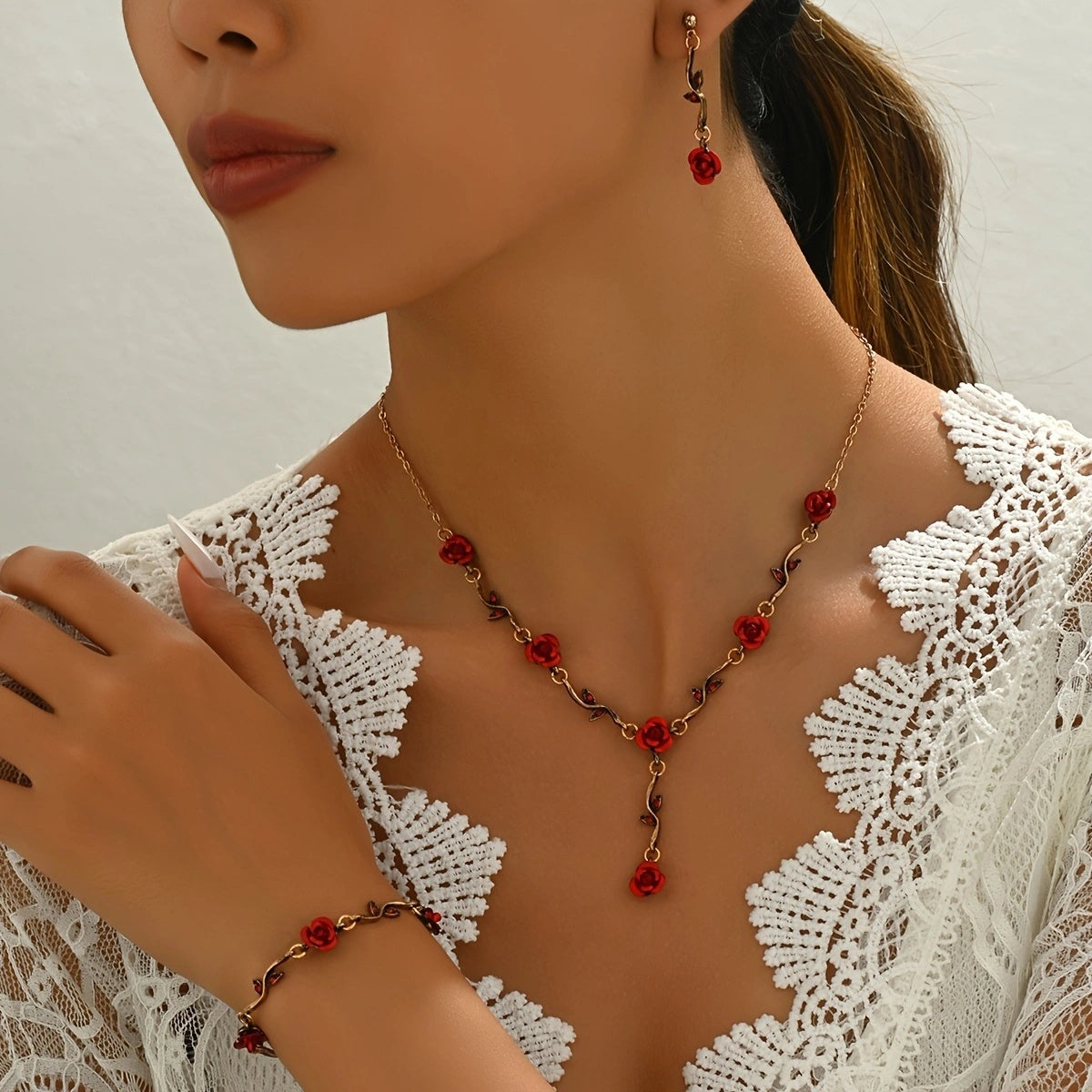 Red Rose Necklace, Bracelet & Earring Set