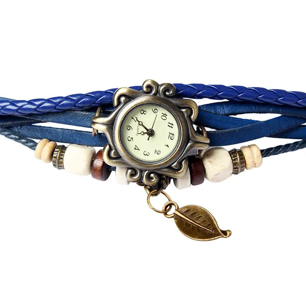Bohemian Leaf Bracelet Watch - Handwoven Leather Band