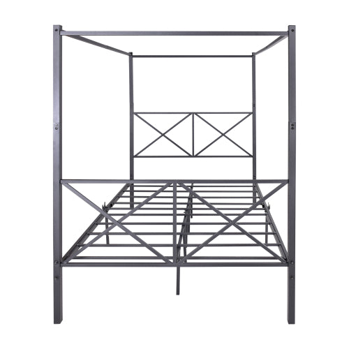 Full Size Metal Canopy Bed Frame - Black Platform Bed with Storage