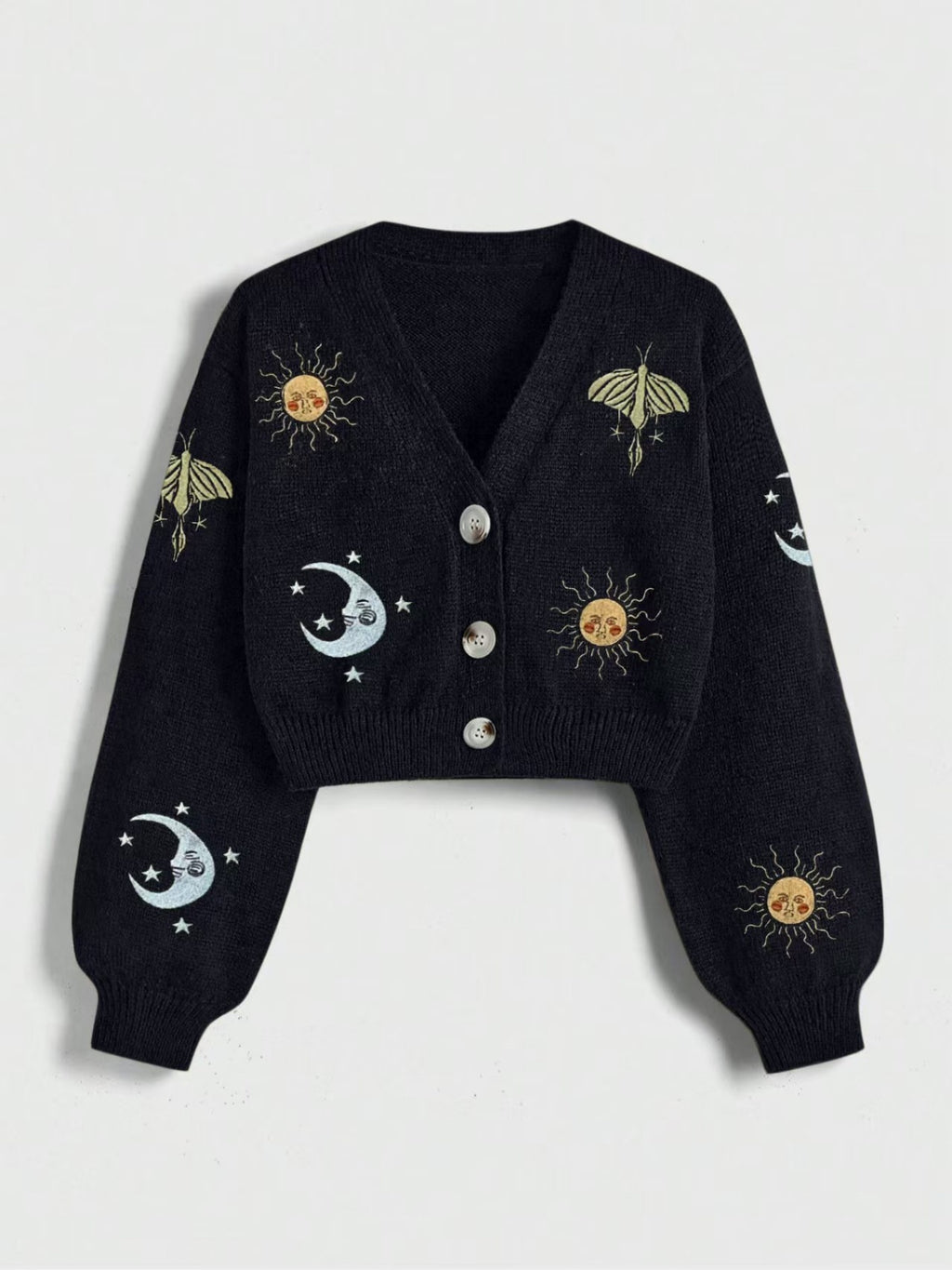 Women's Sun & Moon Embroidered Cardigan - Boho Knit Sweater with Lantern Sleeves