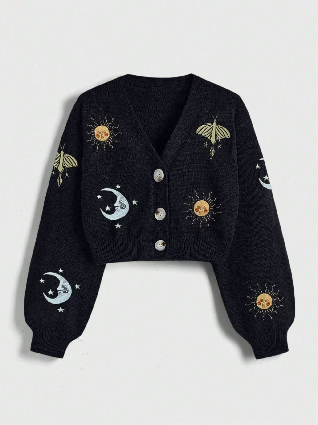Women's Sun & Moon Embroidered Cardigan - Boho Knit Sweater with Lantern Sleeves