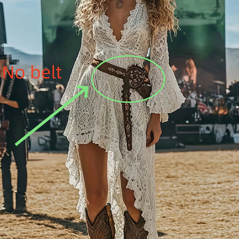 Bohemian Lace-Hemmed Maxi Dress - Deep V-Neck Long Sleeve Dress