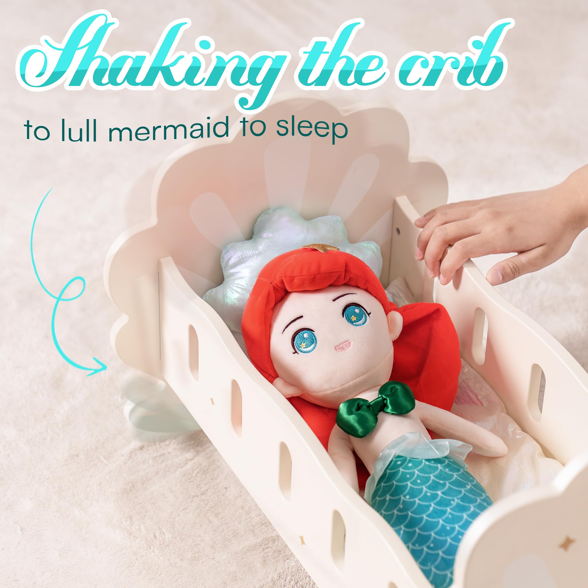 Wooden Doll Rocking Cradle with Bedding for 18" Dolls - Seashell