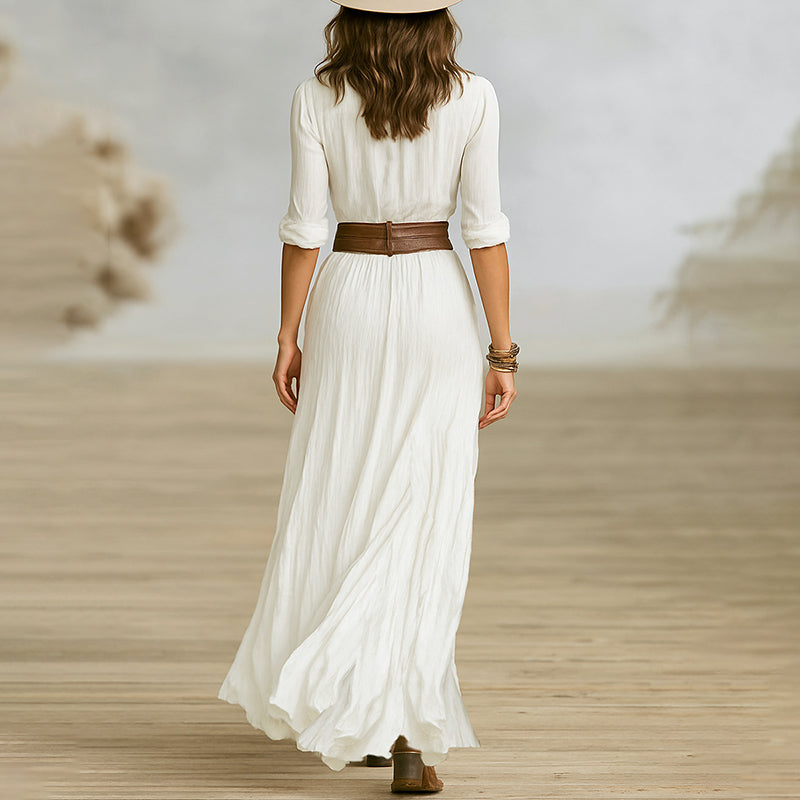 Women's Belted Maxi Dress - Button Front Lapel Collar with High Slit