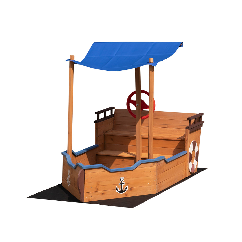 Boat-Shaped Wooden Sandbox with Canopy and Storage Bench