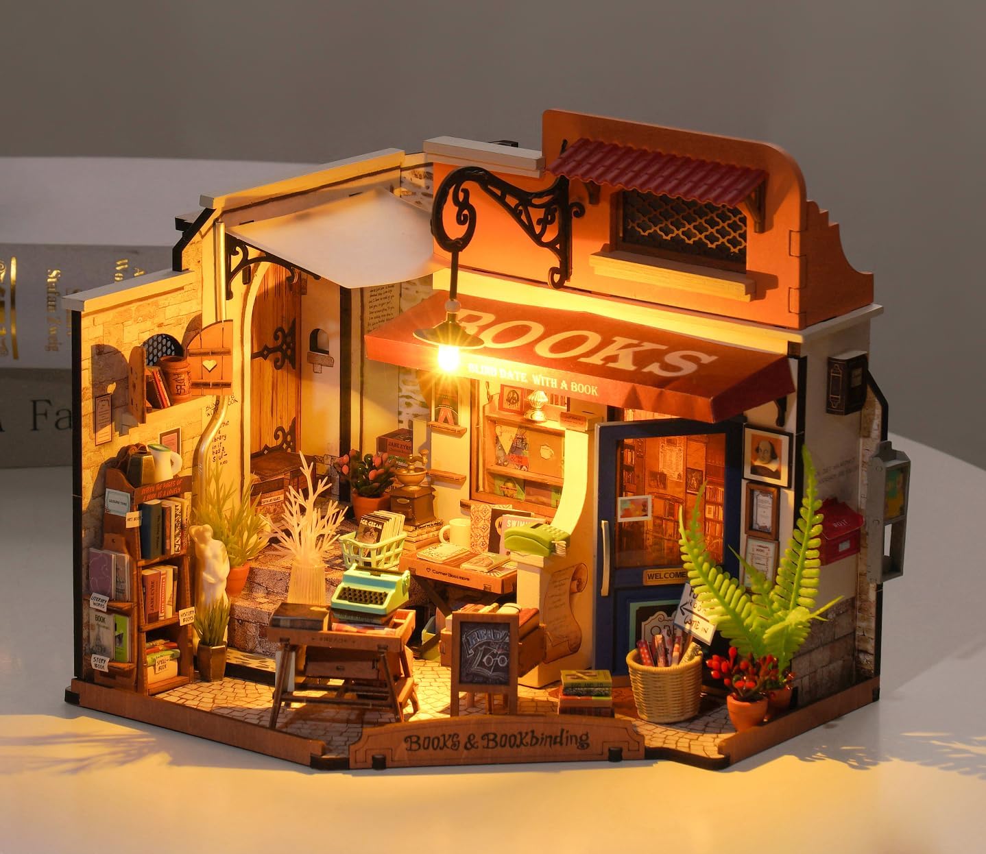 Corner Bookstore Miniature Dollhouse with LED Lights