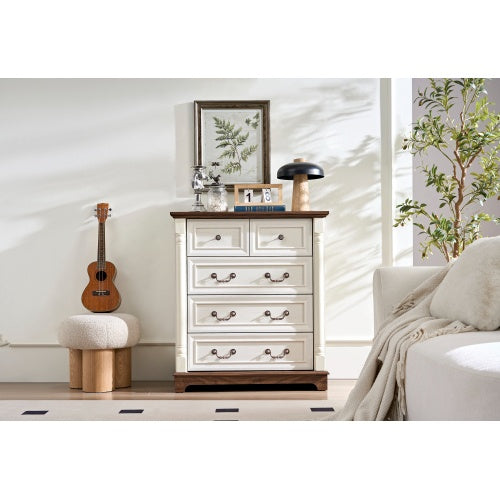 Farmhouse 5-Drawer Dresser - Rustic Walnut Chest with Wooden Base & Antique Pulls
