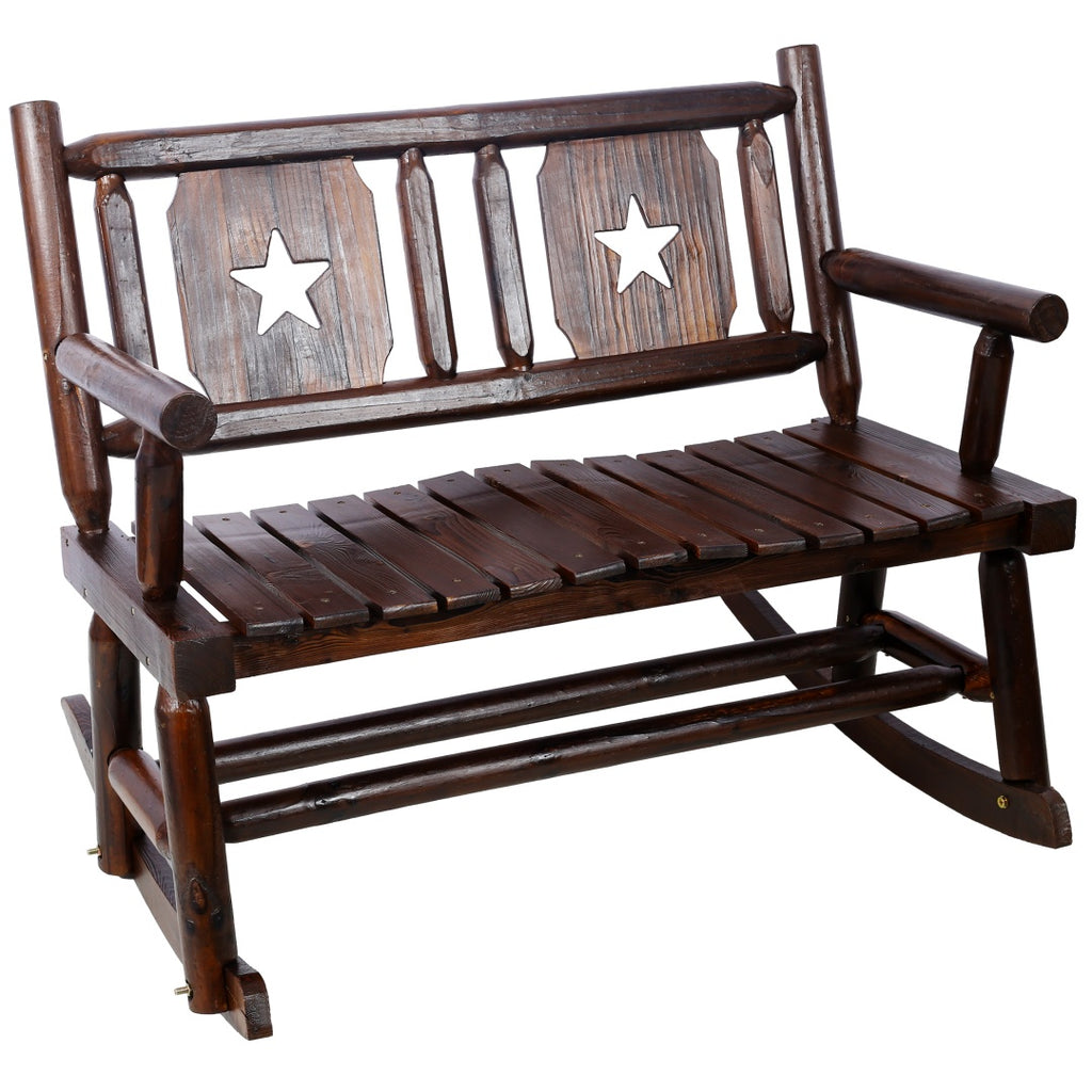 Outdoor Wood Rocking Bench for 2 - Rustic Brown Porch Rocker