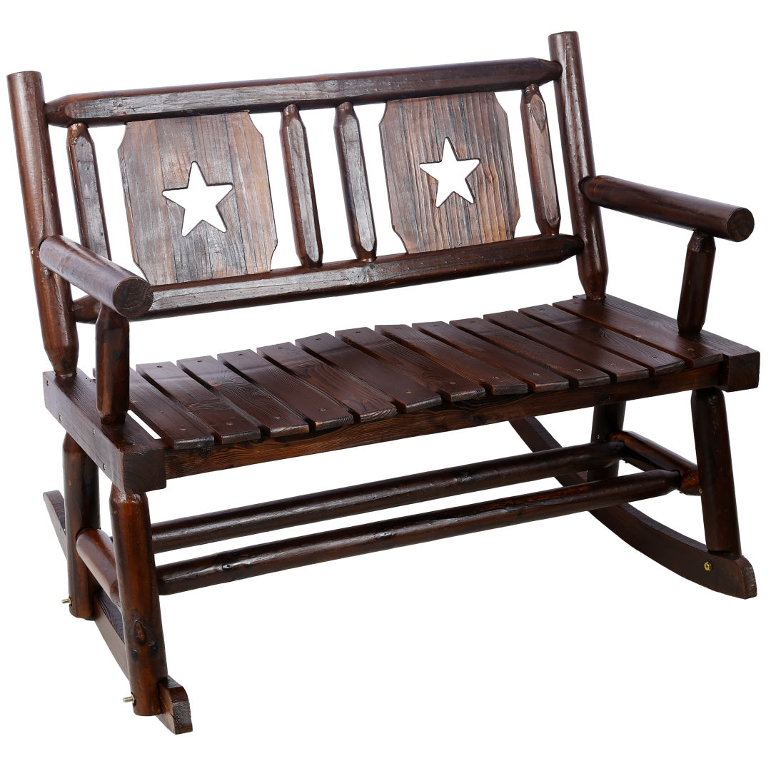 Outdoor Wood Rocking Bench for 2 - Rustic Brown Porch Rocker