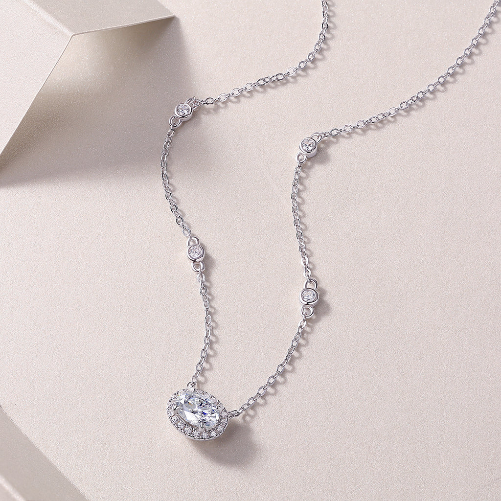 Oval Moissanite Necklace - S925 Sterling Silver Platinum-Plated with Chain