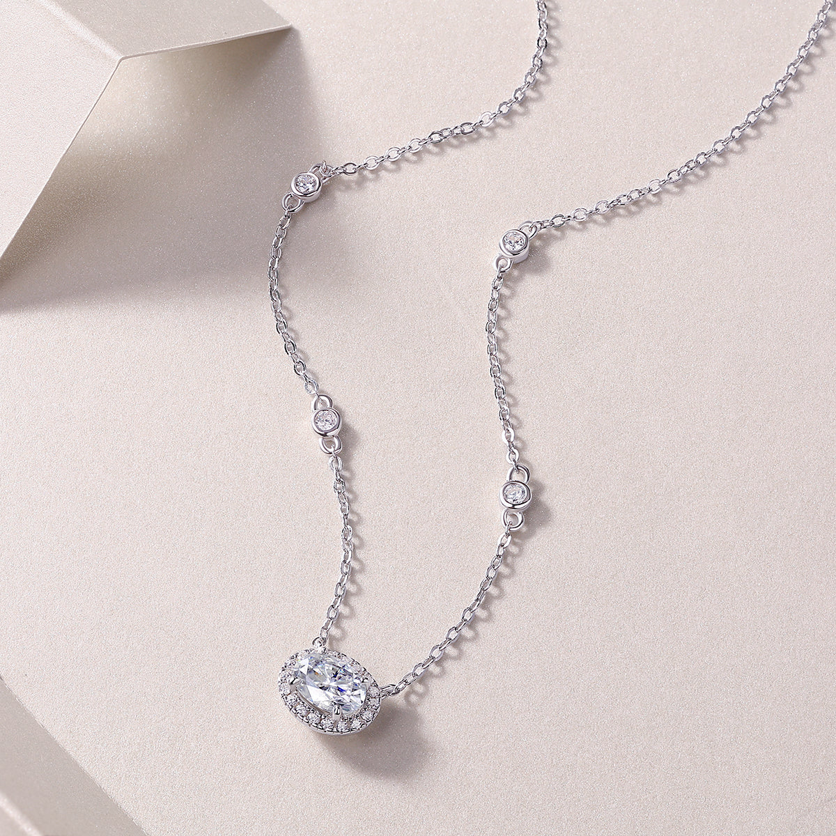 Oval Moissanite Necklace - S925 Sterling Silver Platinum-Plated with Chain