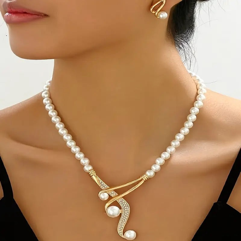 Pearl Jewelry Set - Necklace & Geometric Earrings (2-Piece)