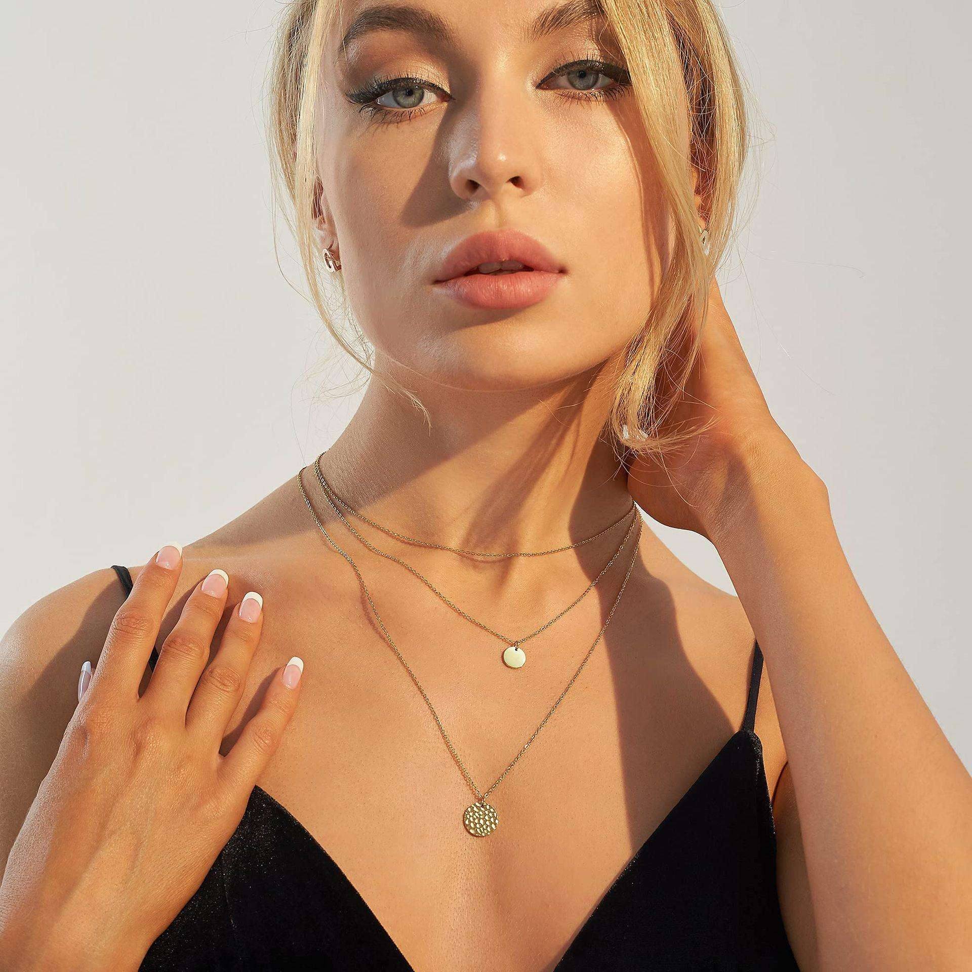 14K Gold Plated Layered Choker Necklace Set – Bar, Coin & Satellite Chain