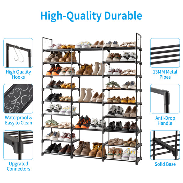 9-Tier Shoe Rack Organizer - Holds 50 Pairs with Hooks for Closet & Entryway