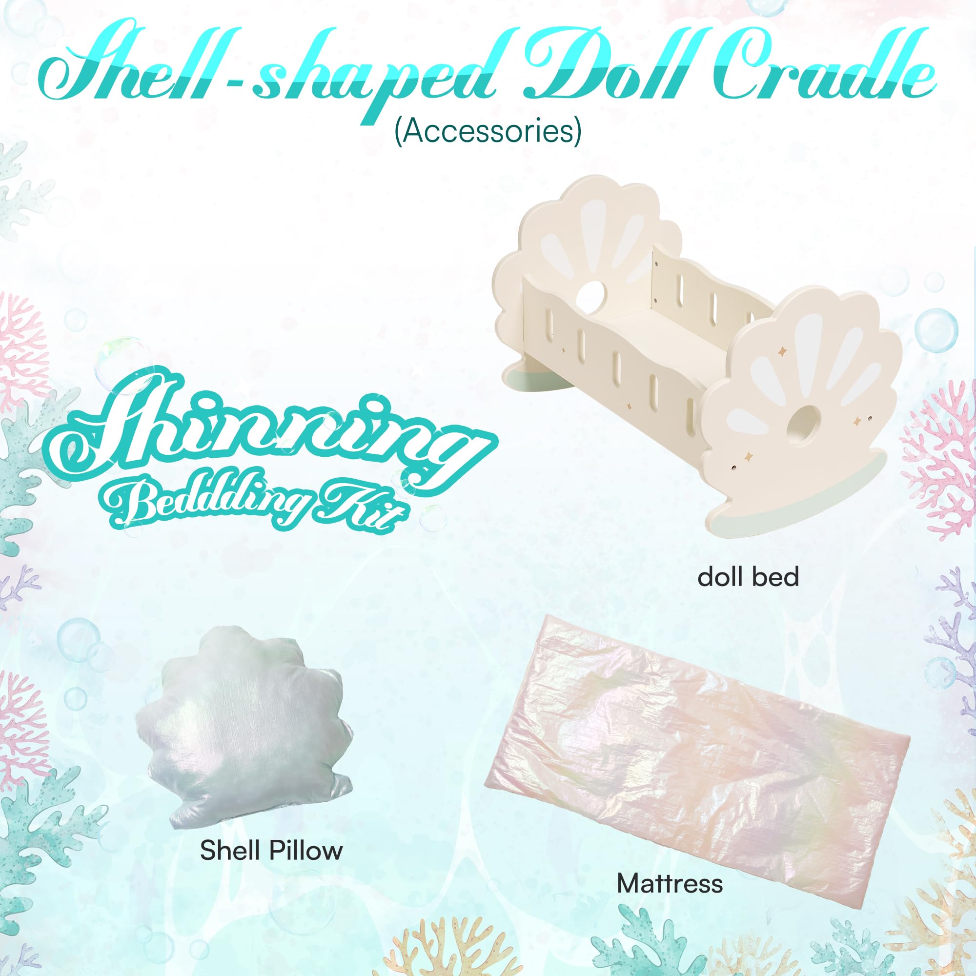 Wooden Doll Rocking Cradle with Bedding for 18" Dolls - Seashell