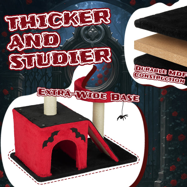 Gothic Cat Tree - Red & Black Halloween Cat Tower with Bat Wings