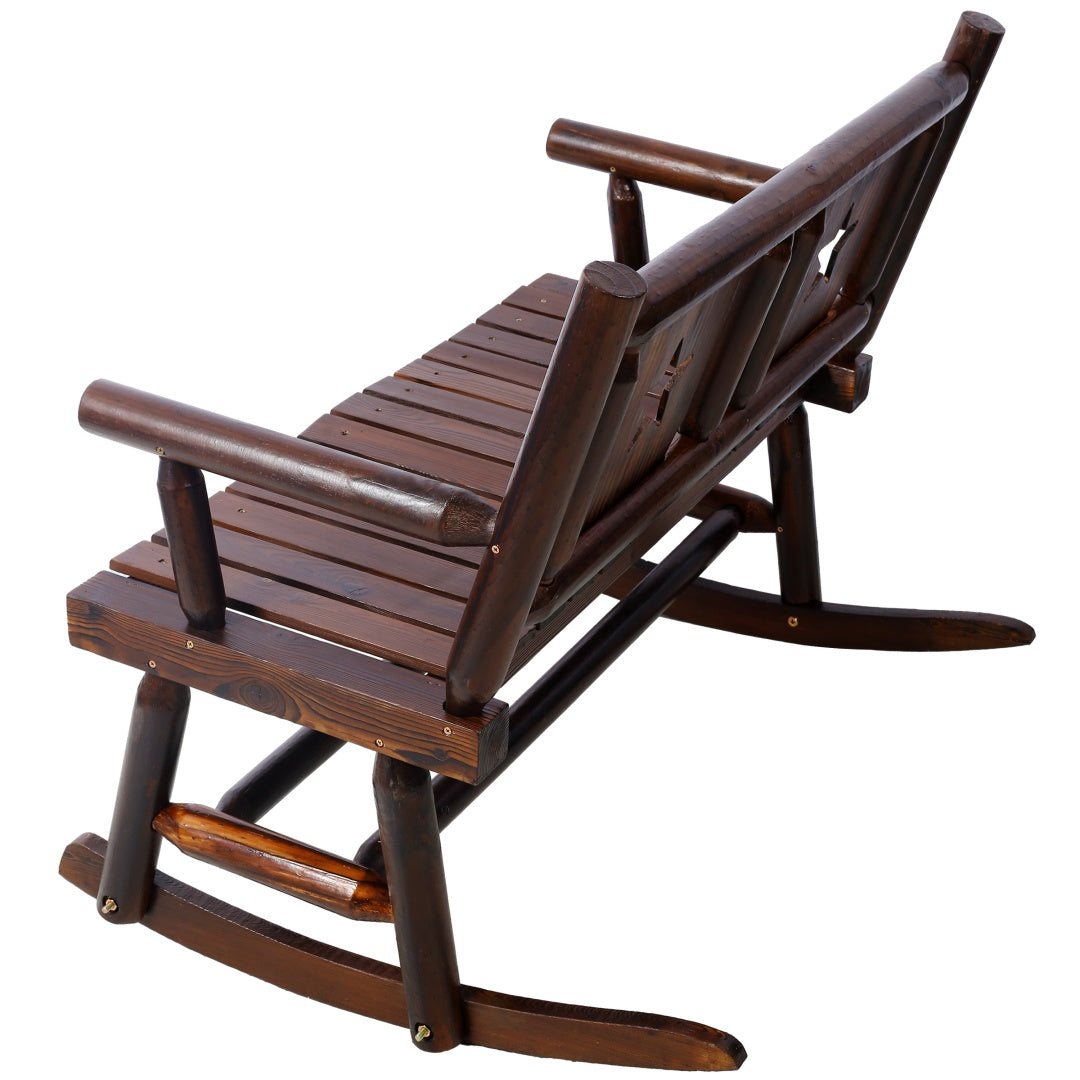 Outdoor Wood Rocking Bench for 2 - Rustic Brown Porch Rocker