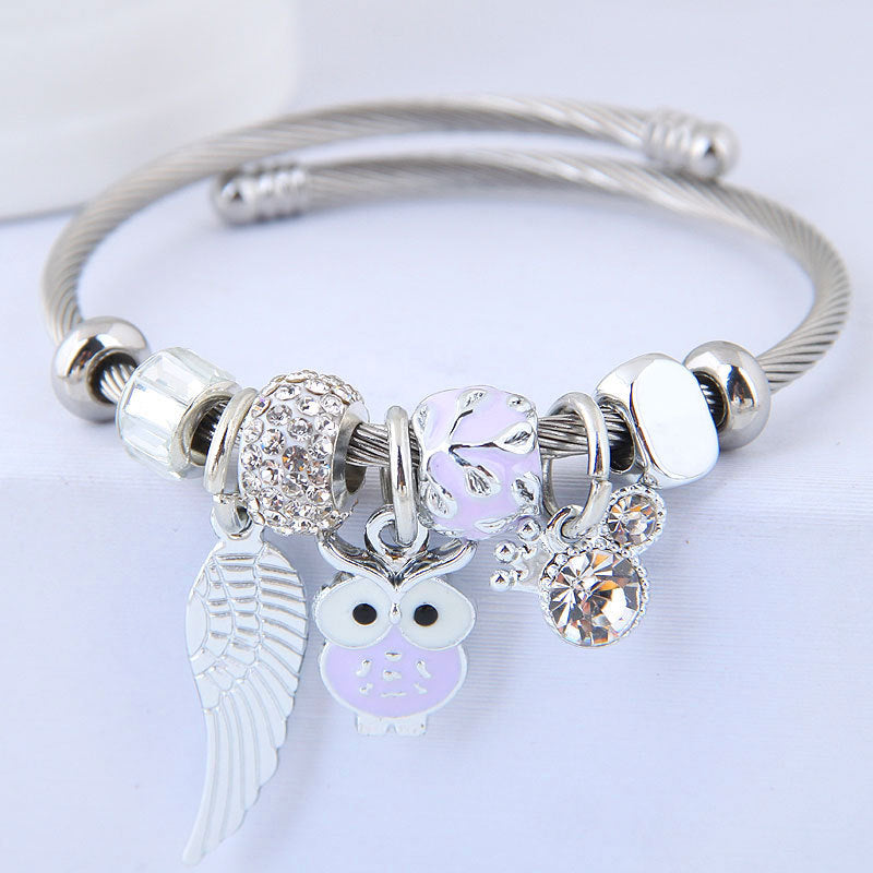 Beaded Owl Angel Wings Pendant Stainless Steel Bracelet