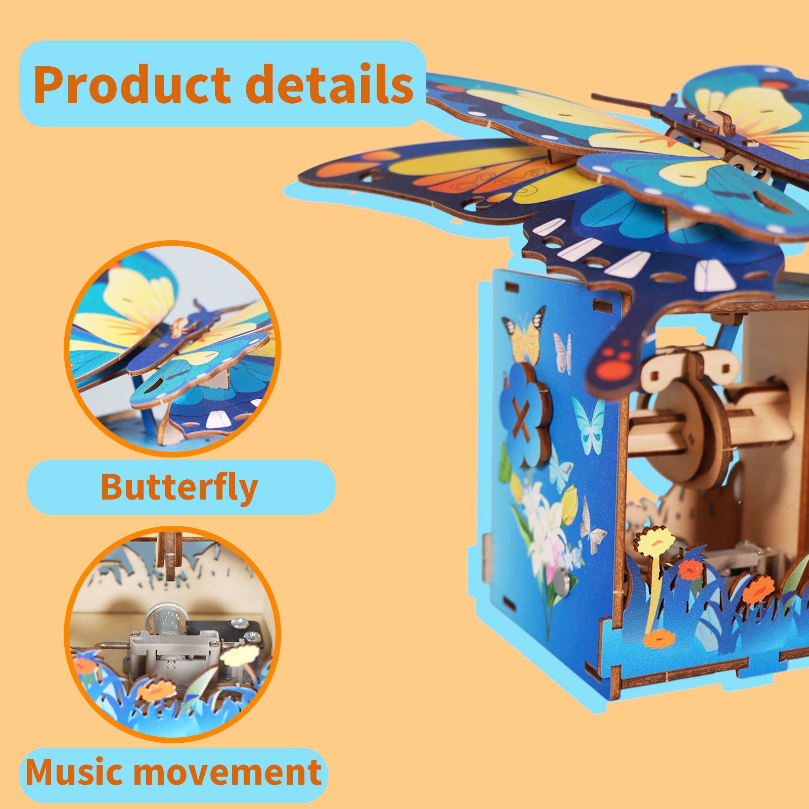 Colorful Butterfly Music Box 3D Wooden Puzzle - You Are My Sunshine Musical Assembly Kit