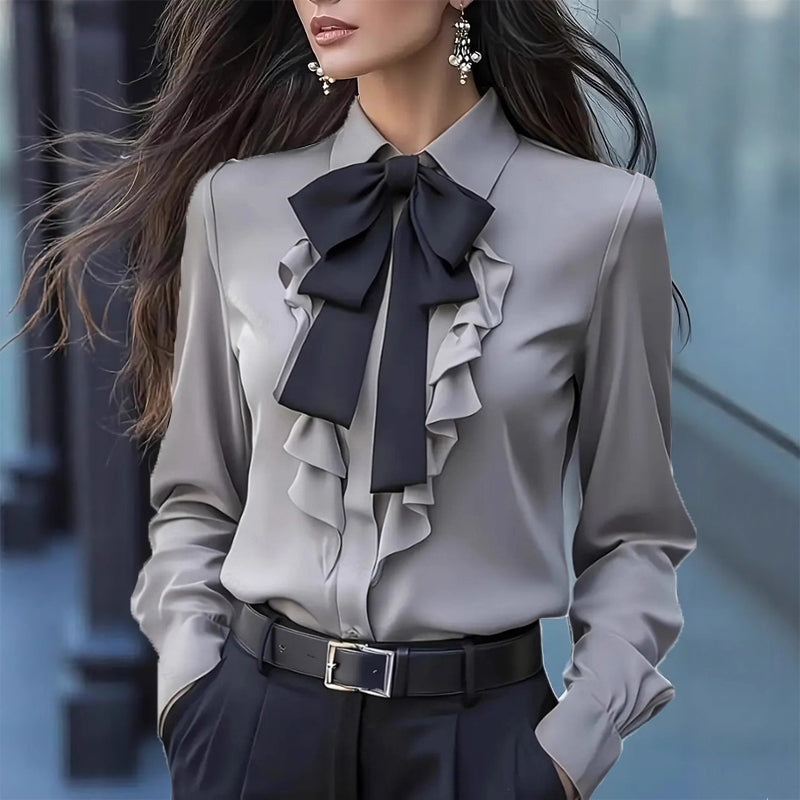 Women's Ruffle Trim Blouse with Bow Tie - Long Sleeve Office Shirt
