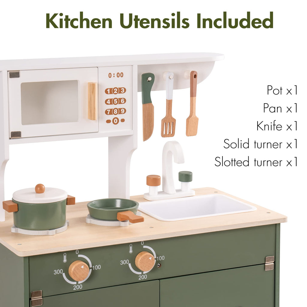 ROBUD Wooden Play Kitchen Set - Green & White Kids Pretend Chef Playset