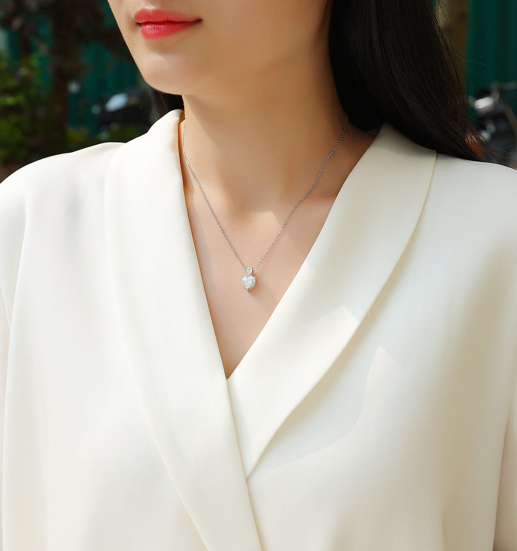 Heart Moissanite Necklace - S925 Sterling Silver Platinum-Plated with Chain
