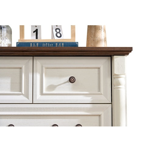 Farmhouse 5-Drawer Dresser - Rustic Walnut Chest with Wooden Base & Antique Pulls