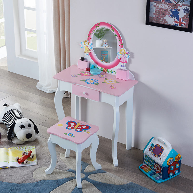 Kids Wooden Vanity Table with Mirror and Stool - Pink