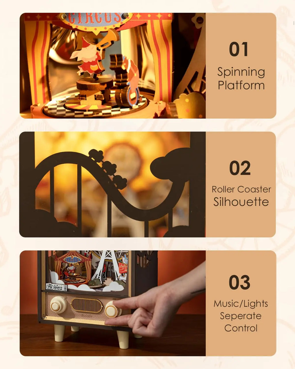 Robotime Sunset Carnival - 3D Wooden Music Box with LED Lights