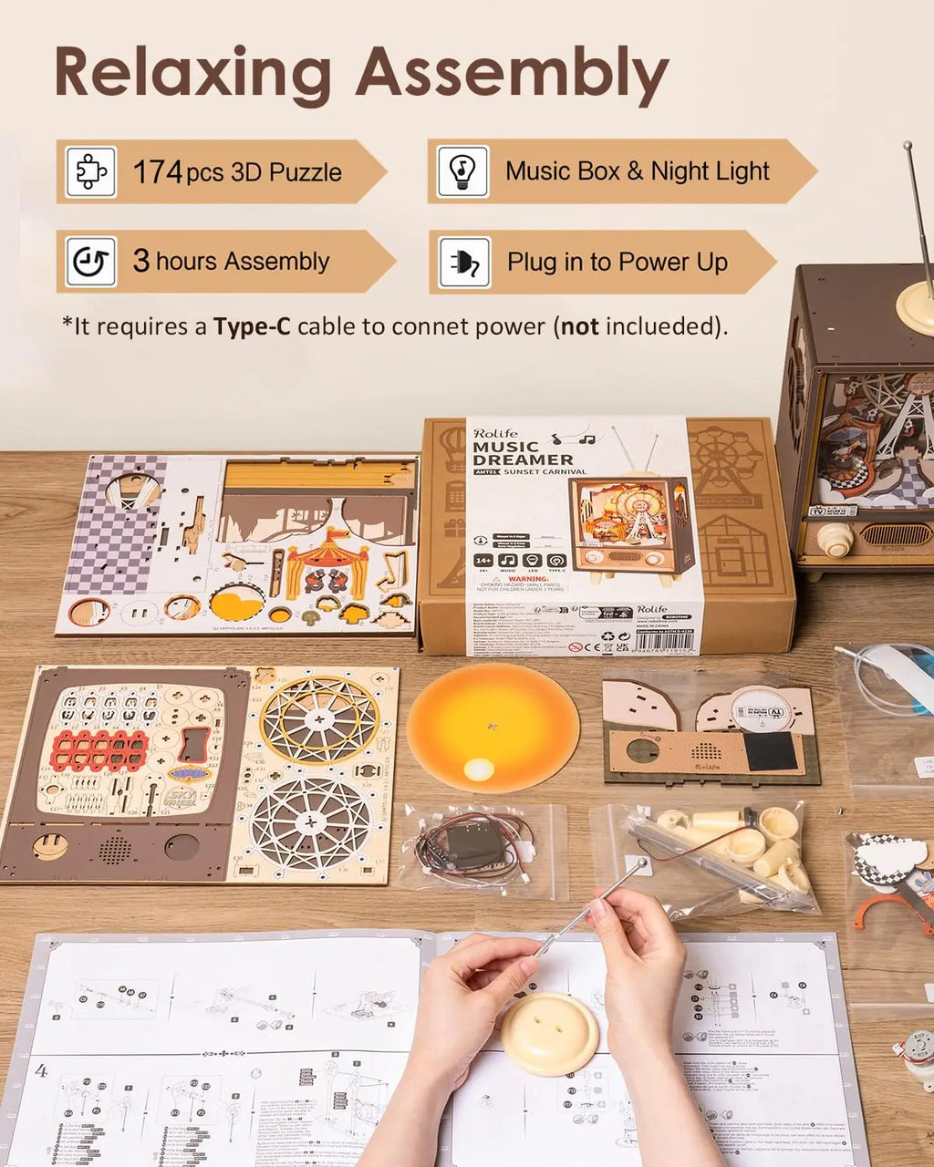 Robotime Sunset Carnival - 3D Wooden Music Box with LED Lights