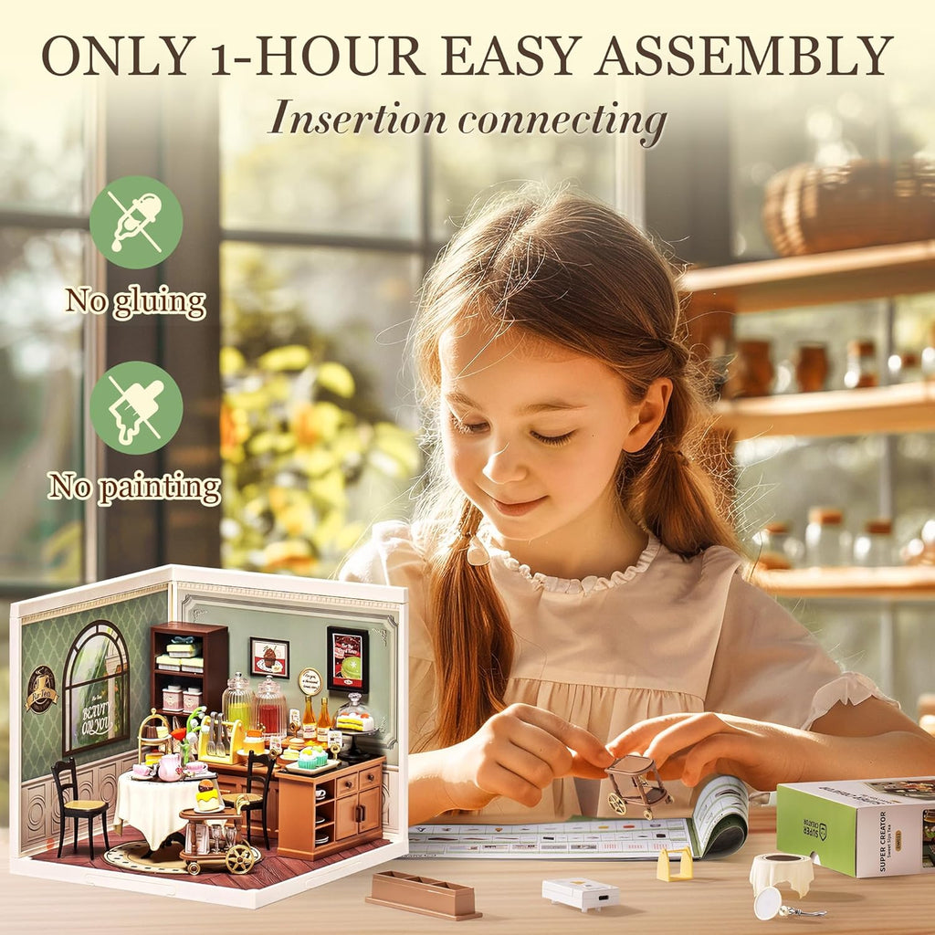 Robotime Sweet Sips Tea House Miniature Kit - DIY Dollhouse with LED