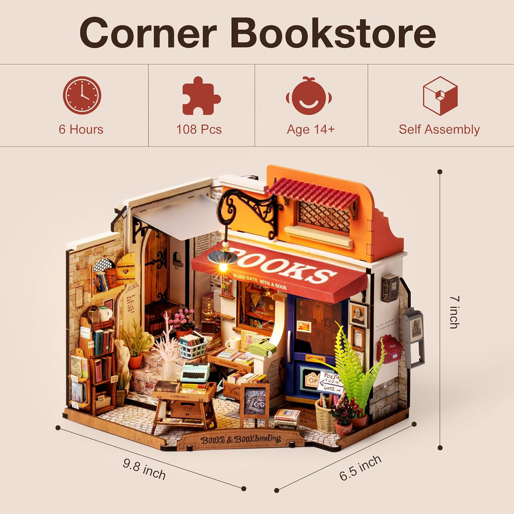 Corner Bookstore Miniature Dollhouse with LED Lights