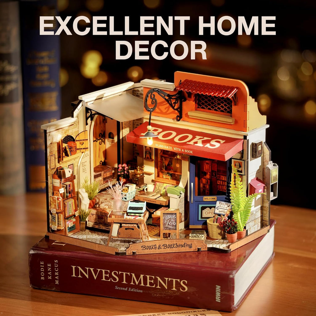 Corner Bookstore Miniature Dollhouse with LED Lights