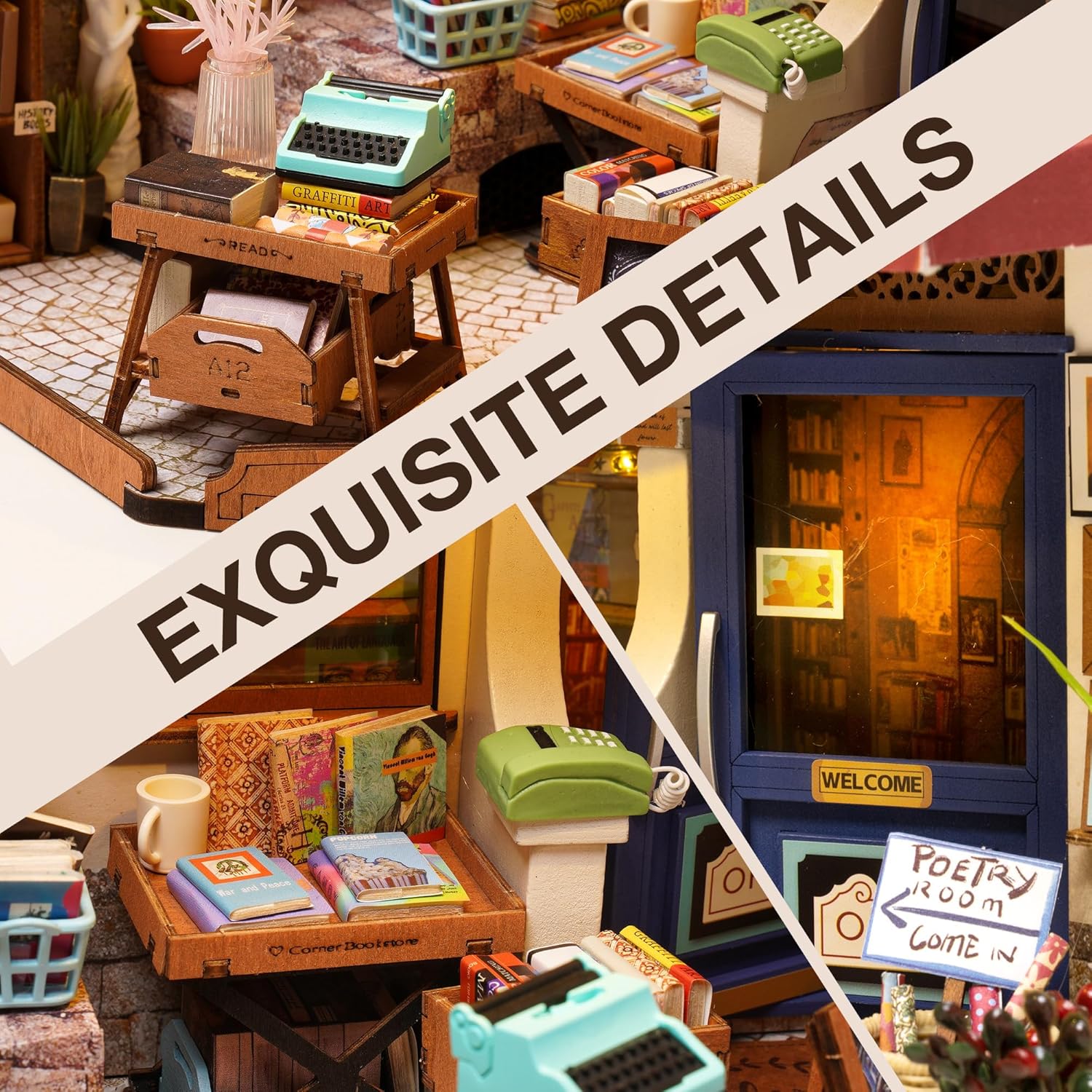 Corner Bookstore Miniature Dollhouse with LED Lights