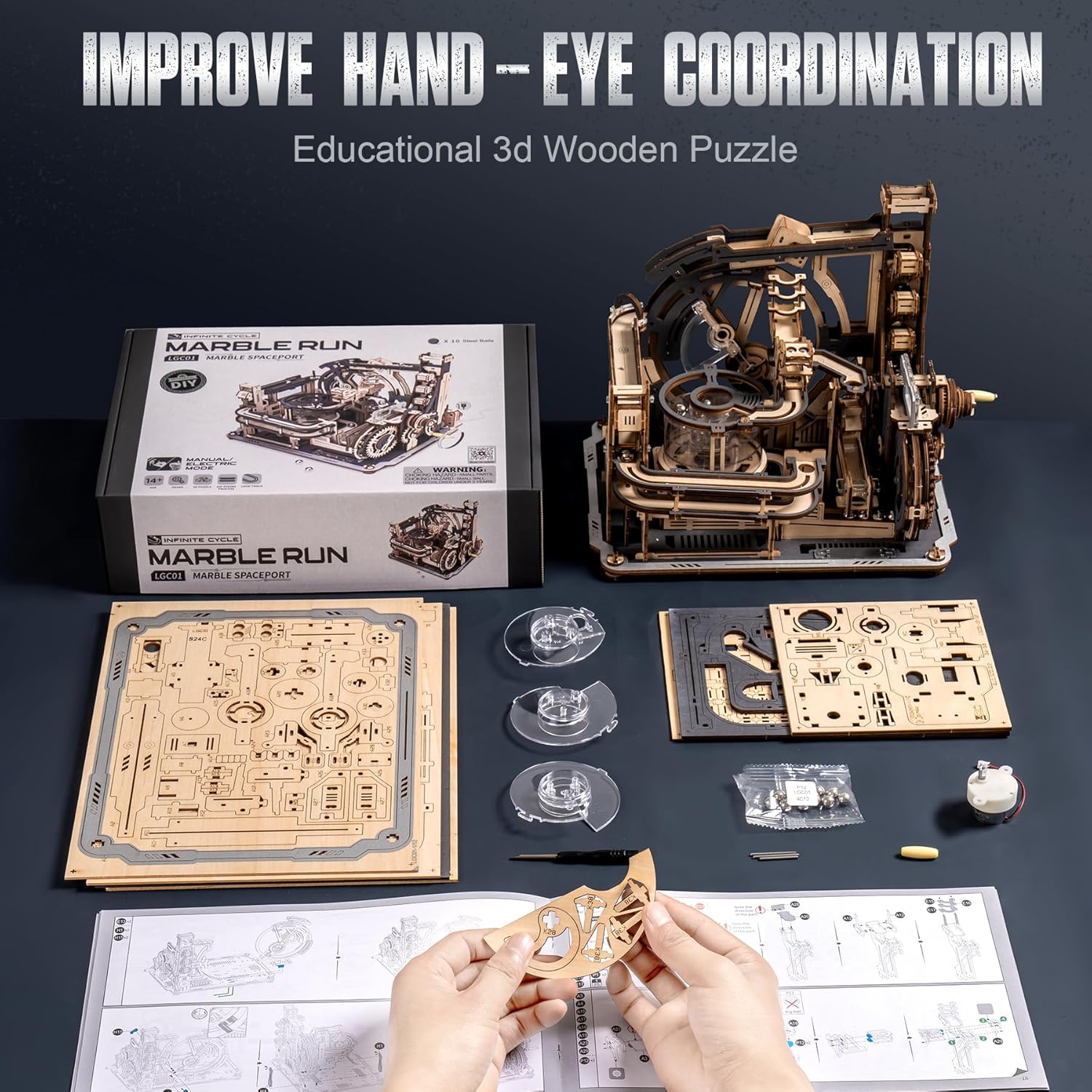 Marble Spaceport 3D Wooden Puzzle with Electric Motor