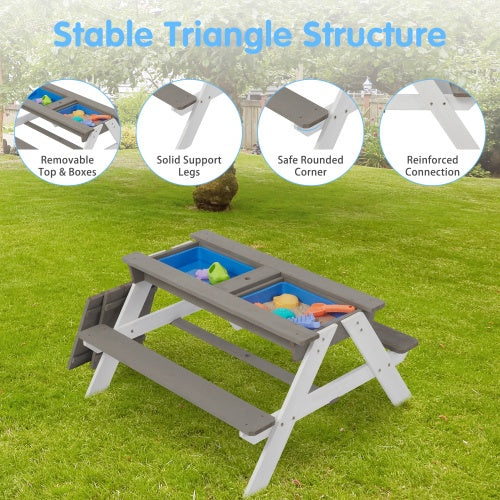 3-in-1 Kids Wooden Picnic Table with Umbrella - Sand & Water Play