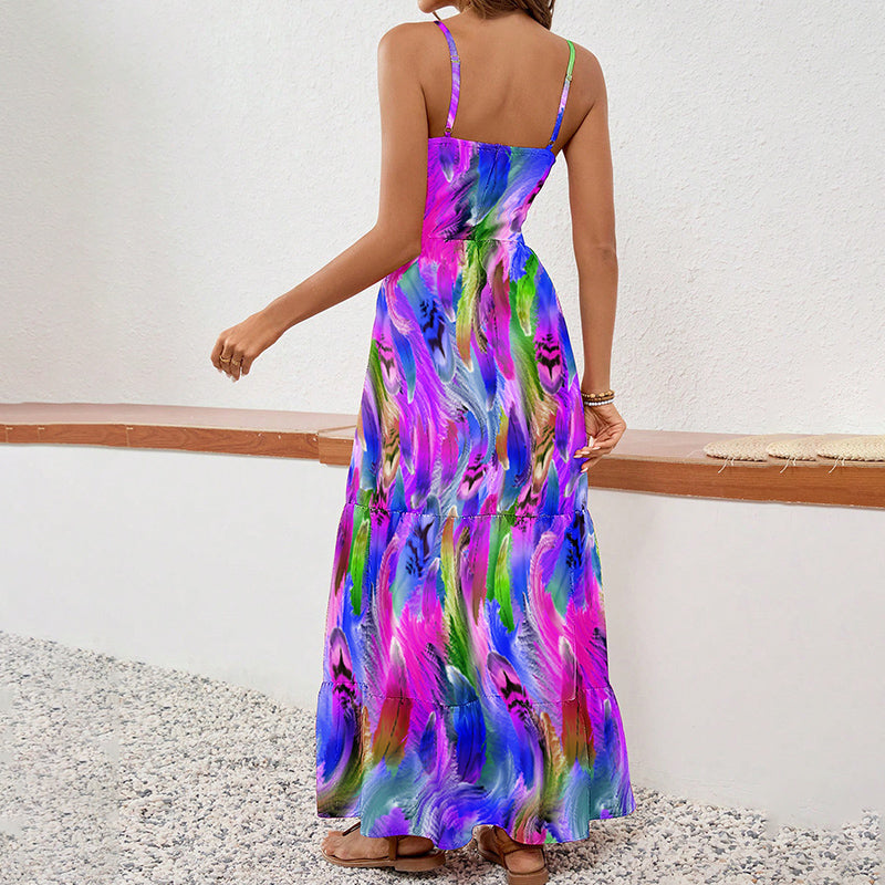 Women's Floral Boho Maxi Dress - Sleeveless Spaghetti Strap Sundress