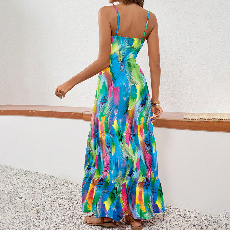 Women's Floral Boho Maxi Dress - Sleeveless Spaghetti Strap Sundress