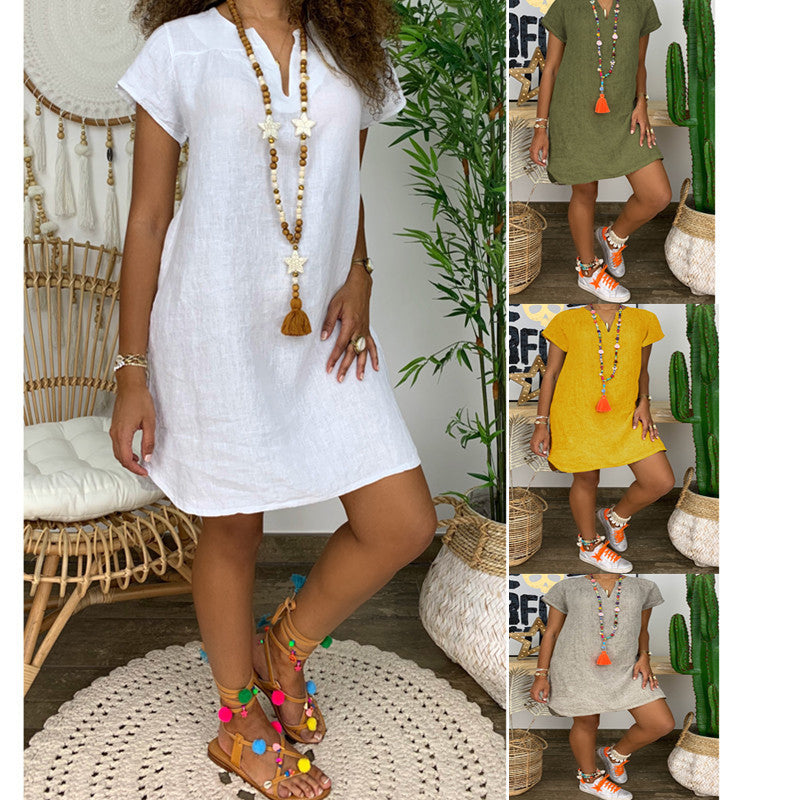 Women's V-Neck Boho Sundress - Short Sleeve Casual Summer Dress