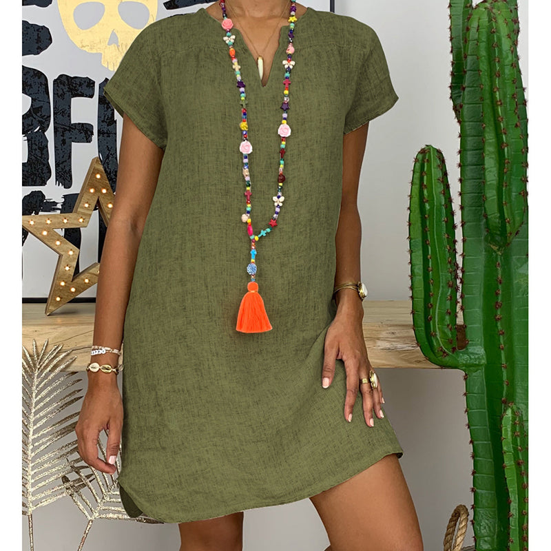 Women's V-Neck Boho Sundress - Short Sleeve Casual Summer Dress