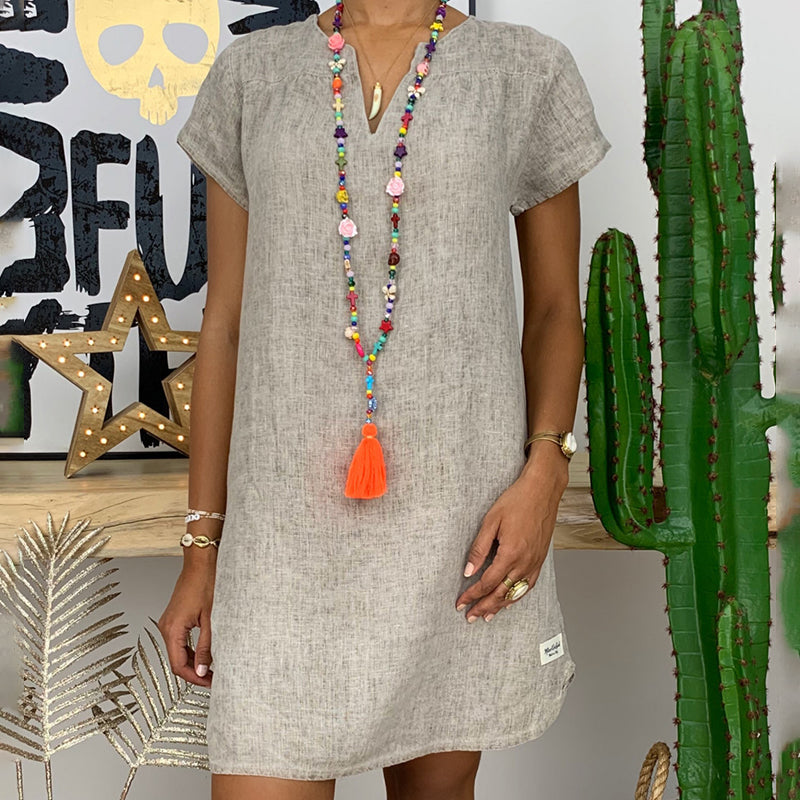 Women's V-Neck Boho Sundress - Short Sleeve Casual Summer Dress