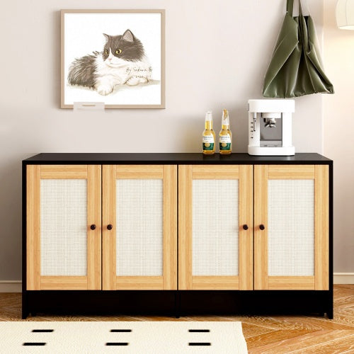 Double Cat Litter Box Furniture - Hidden Enclosure for 2 Cats with Rattan Doors