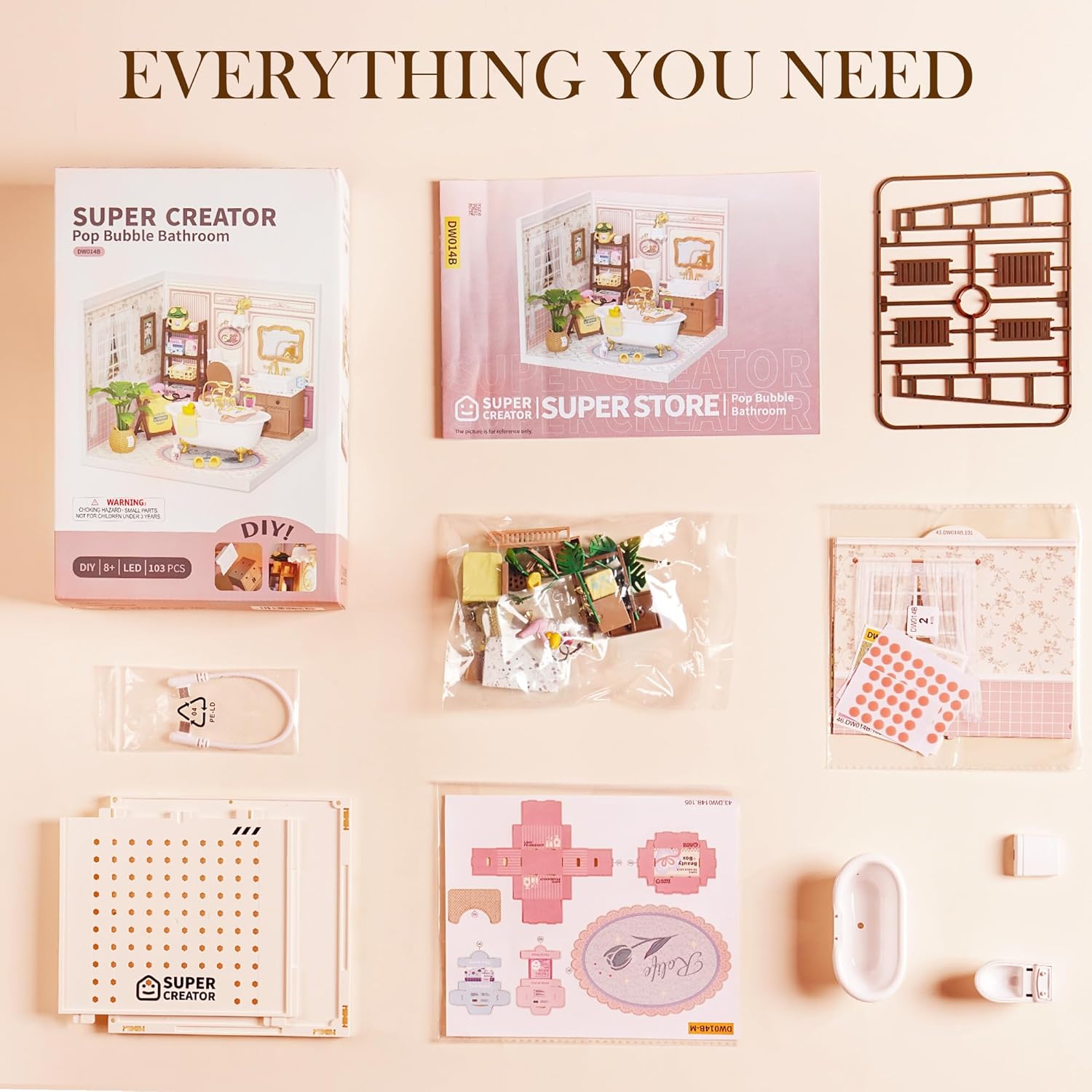 ROBOTIME Pop Bubble Bathroom Miniature Dollhouse Kit with LED Light