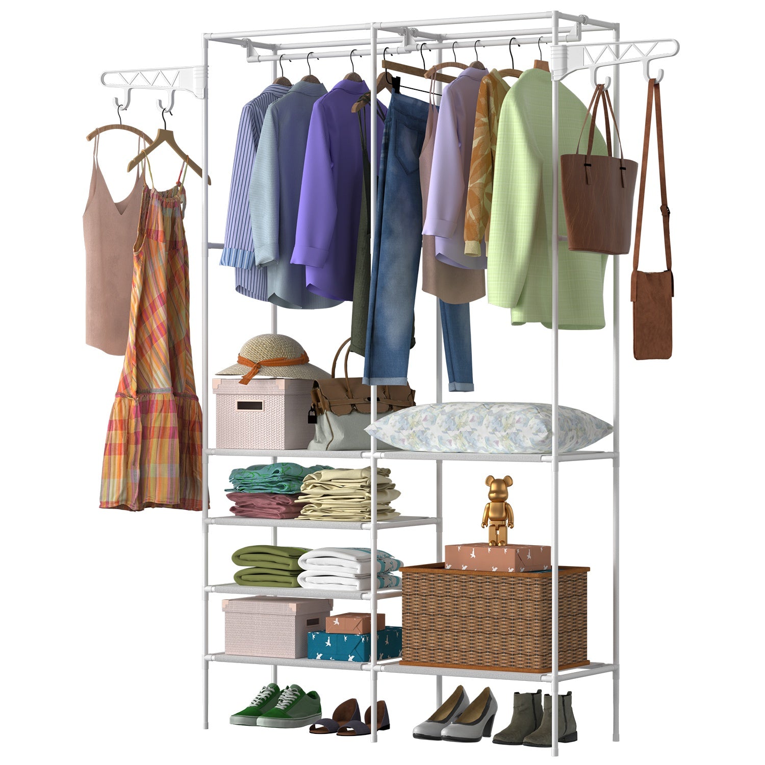 Metal Garment Rack with Shoe Organizer - 4-Tier Closet Storage with Hanging Rods