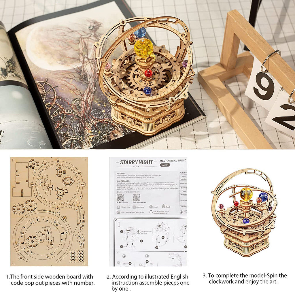 Starry Night Rotating Music Box - 3D Wooden Puzzle