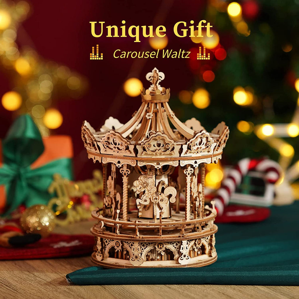 3D Wooden Carousel Music Box - Rotating Mechanical Puzzle