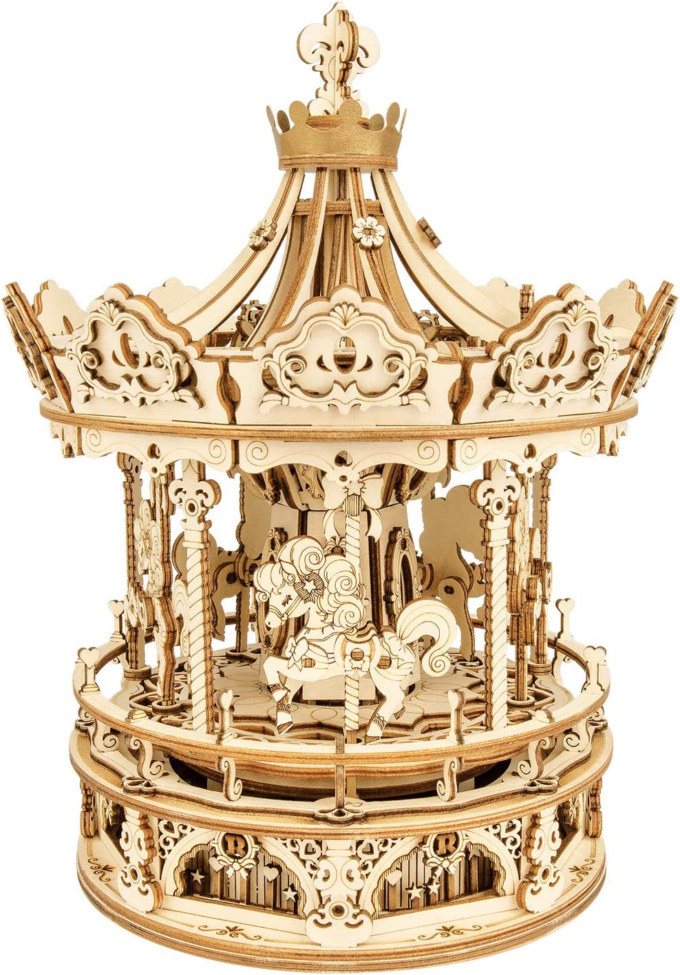 3D Wooden Carousel Music Box - Rotating Mechanical Puzzle