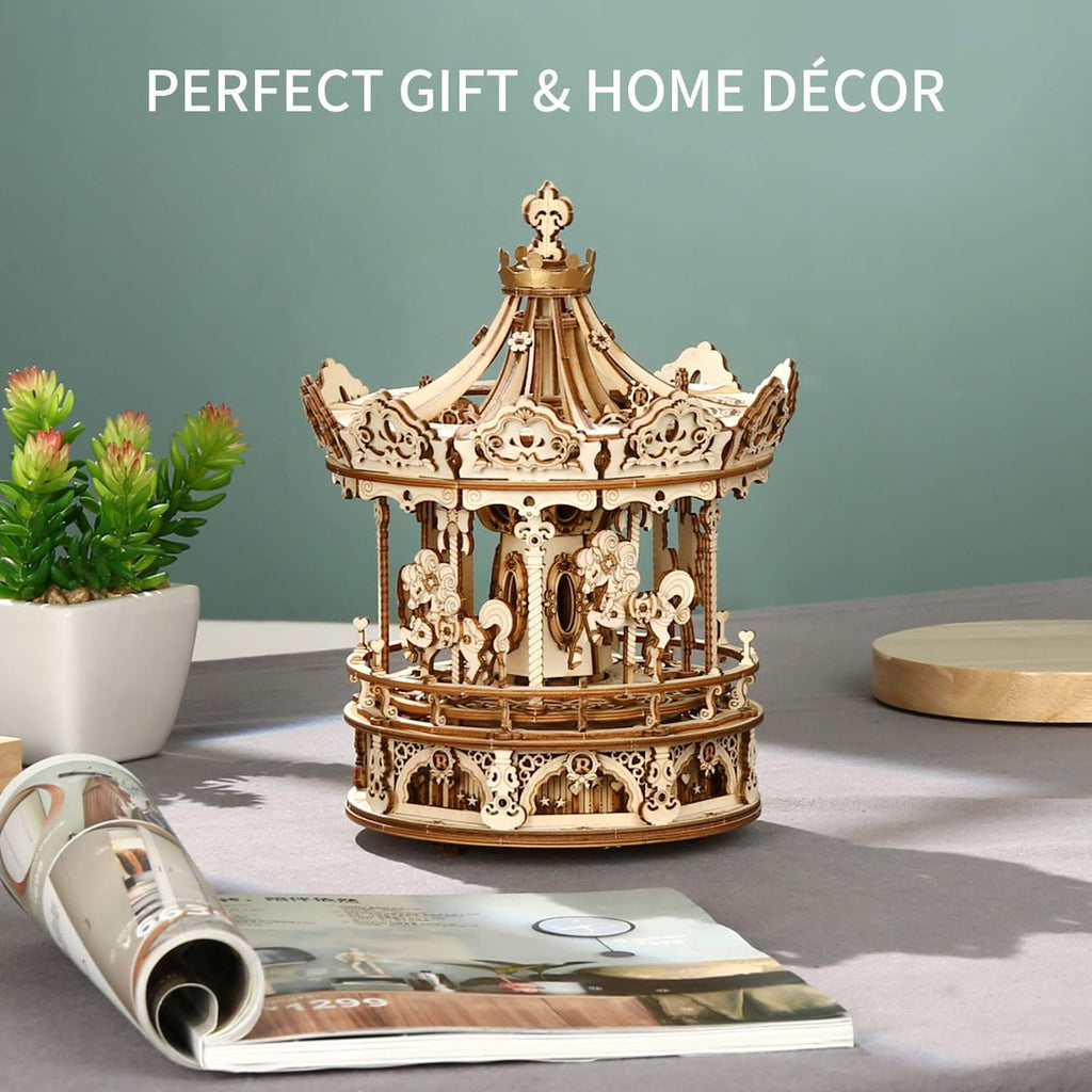 3D Wooden Carousel Music Box - Rotating Mechanical Puzzle