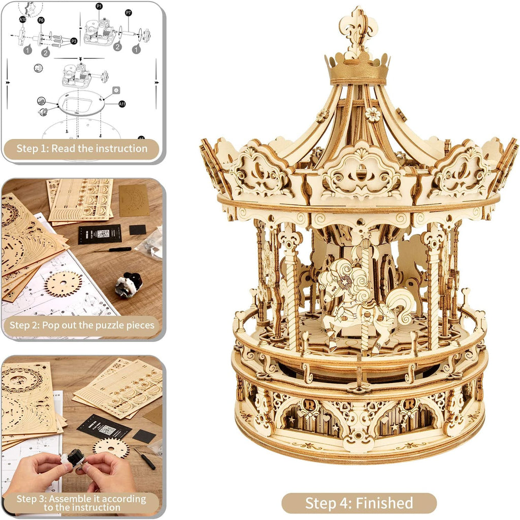3D Wooden Carousel Music Box - Rotating Mechanical Puzzle